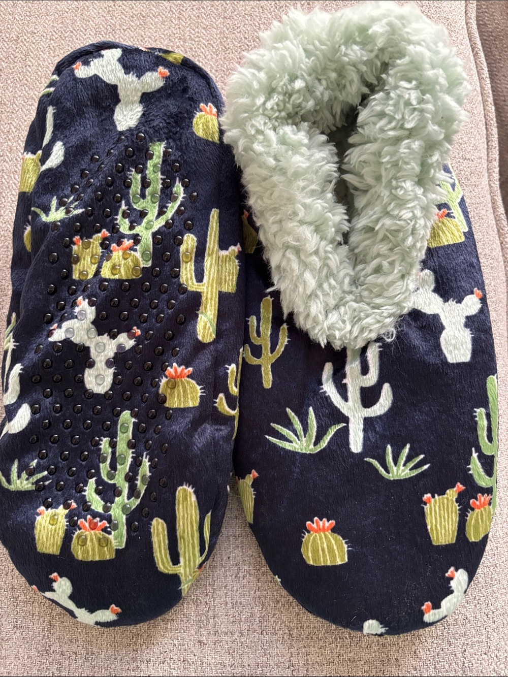 Lazy One Mint Plush Cactus Slipper Socks with Navy Accents